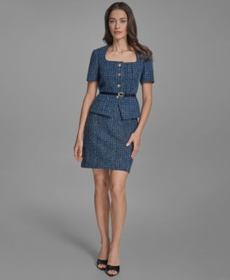 Bcbg Womens Cotton Tweed Belted Short Sleeve Jacket Cotton Tweed Mini Pencil Skirt In Blue