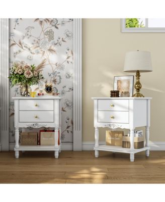 European style luxury white 2-drawer bedside table, bedroom nightstand, wooden end table