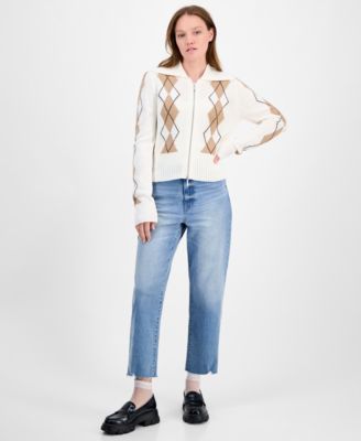 Juniors' Argyle Zip-Front Cardigan Sweater