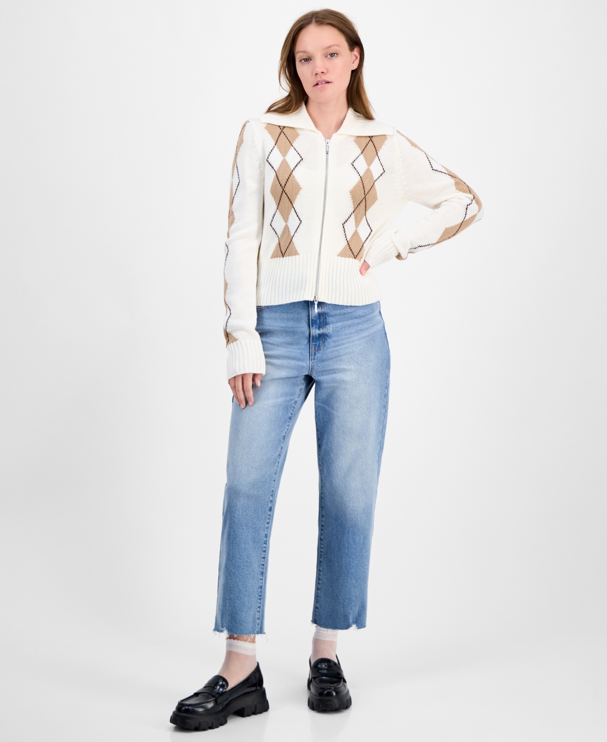 Ultra Flirt Juniors' Argyle Zip-front Cardigan Sweater In White