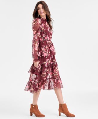 Juniors' Floral Ruffle-Tiered Tie-Waist Midi Dress