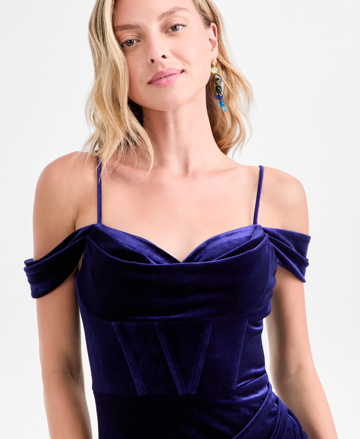 B Darlin Juniors' Velvet Off-the-shoulder Gown In Blue