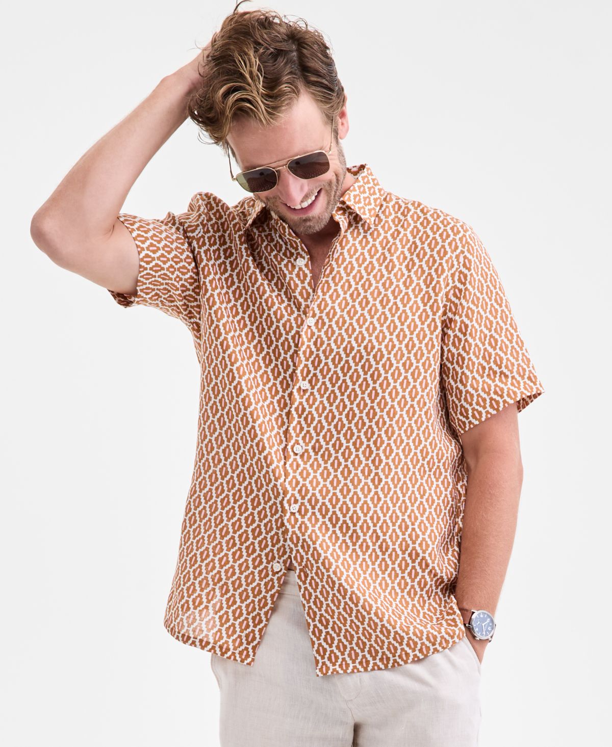 Мужская льняная рубашка Tonelle с коротким рукавом и геопринтом, эксклюзивная модель Macy's