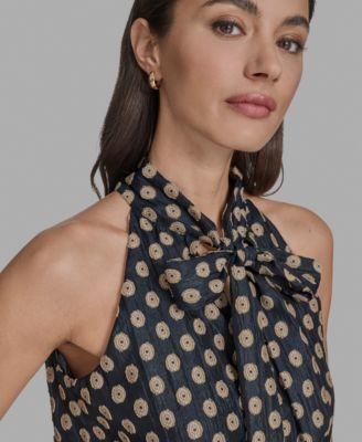 Women's Printed Tie-Neck Sleeveless Blouse