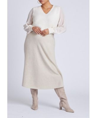 Women's Plus Size Sheer Sleeve V-Neck Sweater
