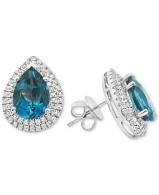 London Blue Topaz (4-1/2 ct. t.w.) & Lab Grown White Topaz (1/10 ct. t.w.) Pear Halo Stud Earrings in Sterling Silver