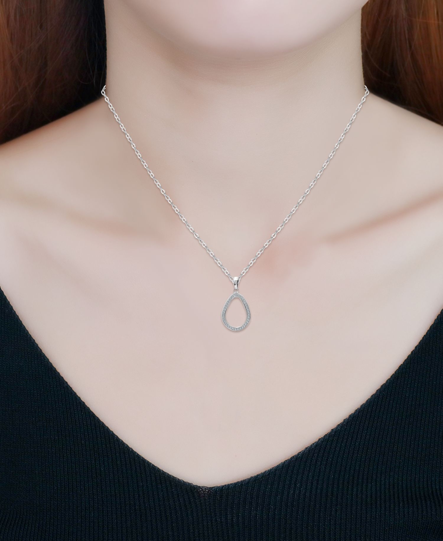 Cubic Zirconia Open Teardrop Pendant Necklace, 16" + 2" extender