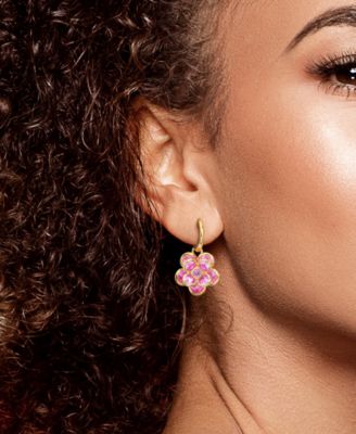 Lab Created Pink Sapphire Flower Charm Hoop Earrings (7-1/2 ct. t.w.) in 18k Gold-Flash Over Silver