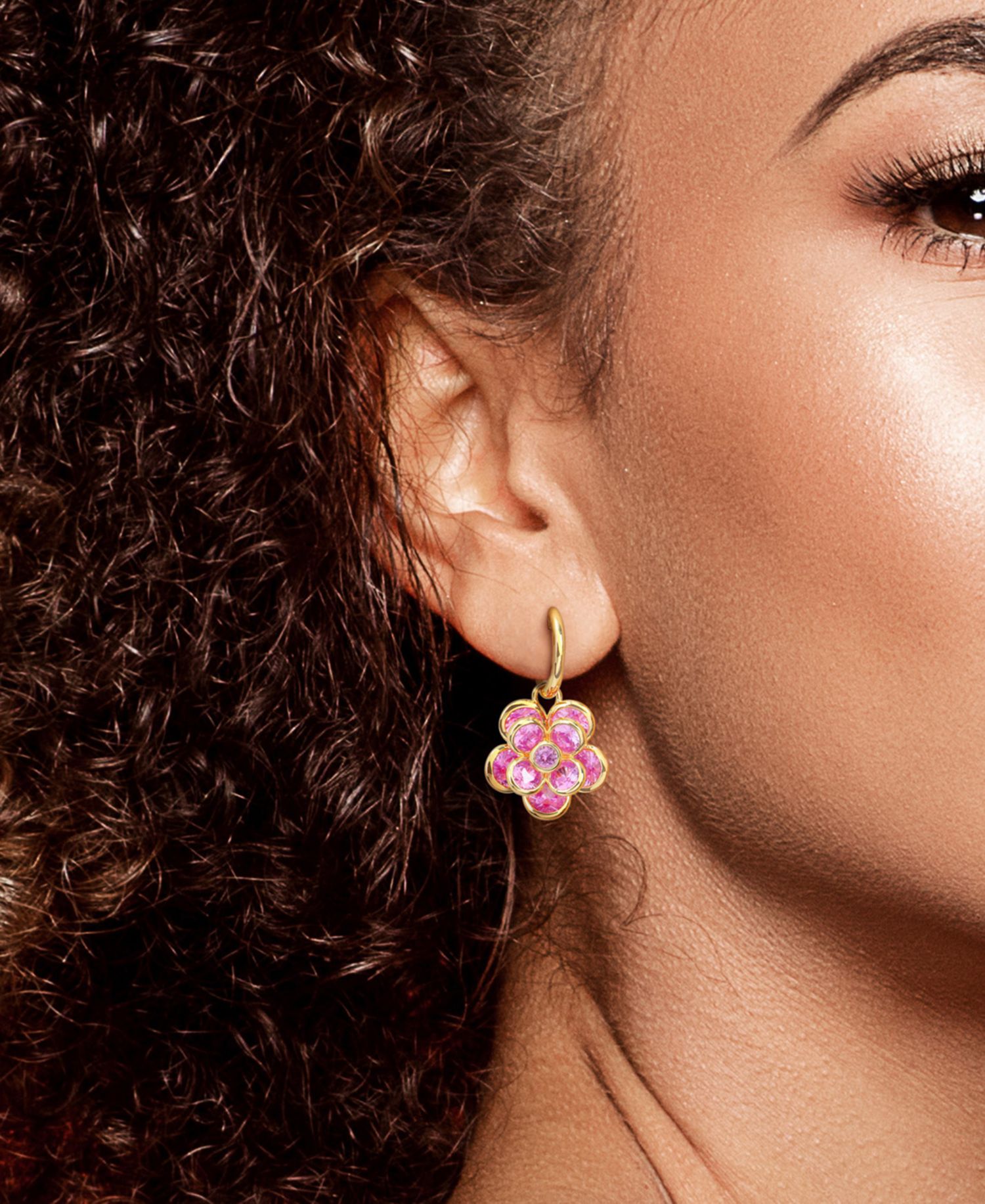Lab Created Pink Sapphire Flower Charm Hoop Earrings (7-1/2 ct. t.w.) in 18k Gold-Flash Over Silver