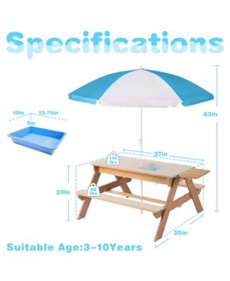 3-in-1 Kids Outdoor Wooden Picnic Table With Umbrella, Convertible Sand & Wate