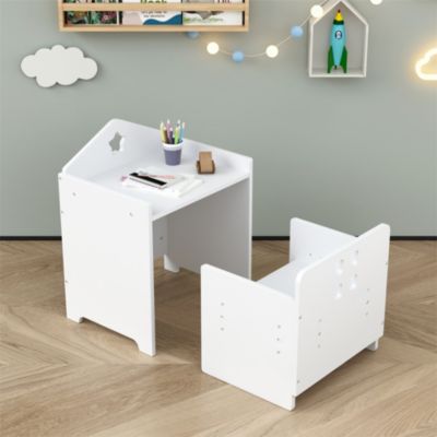 Wooden Toddler Table and Chair Set Kids Activity Table Step Stools with Blackboard & 3 Heights Adjustable