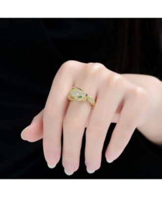 Panther Head with Green & Clear Cubic Zirconia Open Band Ring