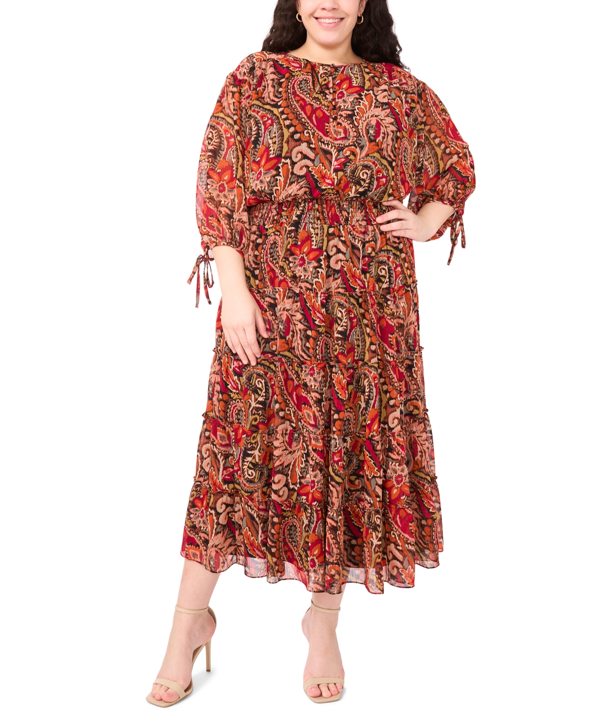 Msk Plus Size 3/4-sleeve Chiffon Midi Dress In Brown