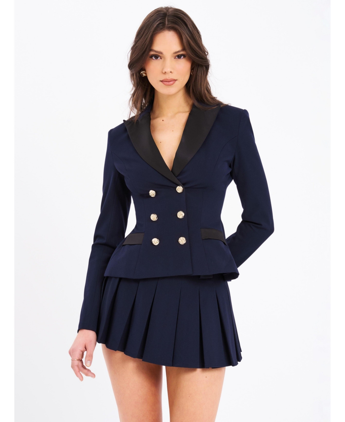 Women Nasia Navy Blue Double Breast Backless Blazer - Navy blue