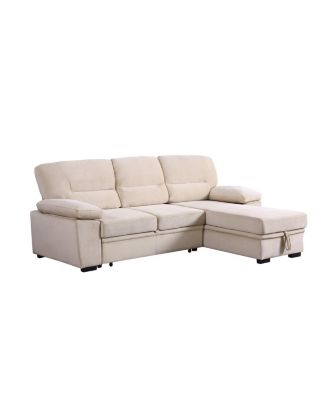 97.5"W Beige Velvet Fabric Reversible Sleeper Sectional Sofa Chaise