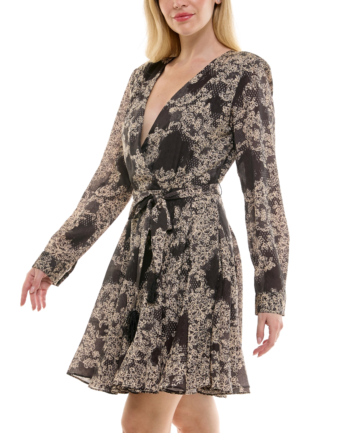 Taylor Petite Jacquard Sash-tie Fit & Flare Dress In Gray