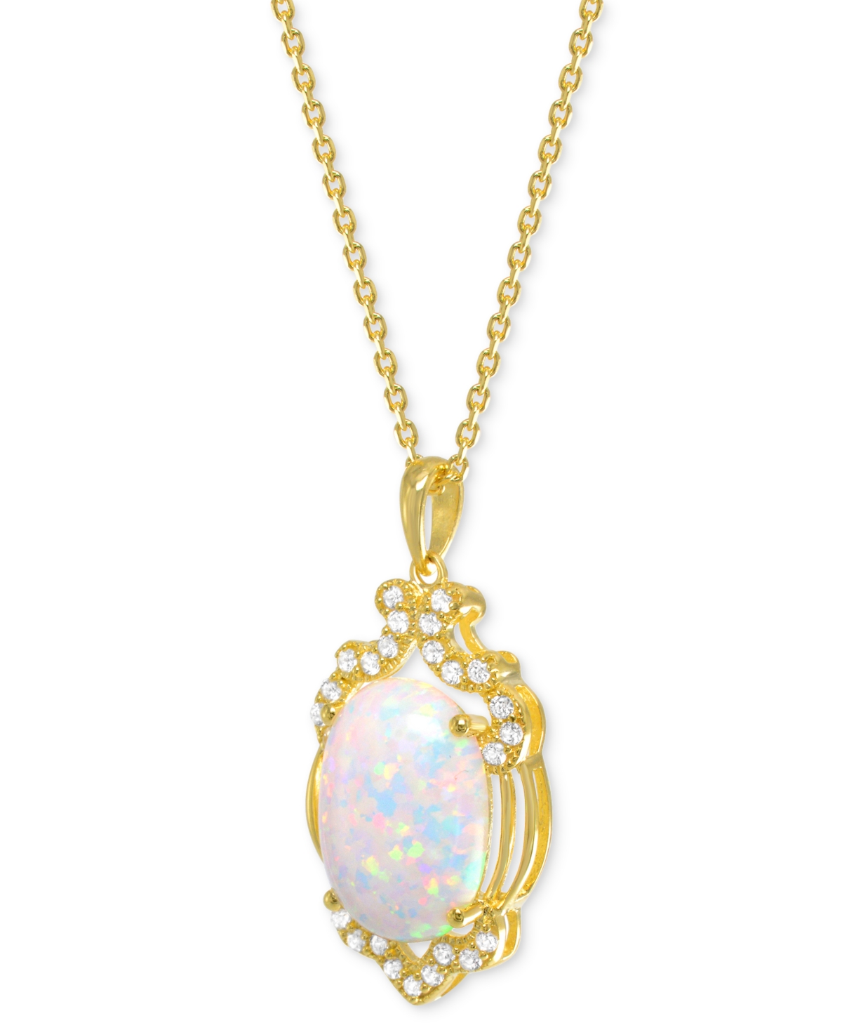 Macy's Lab Grown Opal 14x10mm Lab-created White Sapphire 1/3 Ct. T.w. Oval Statement Pendant In 14k Gold-pl In Multi