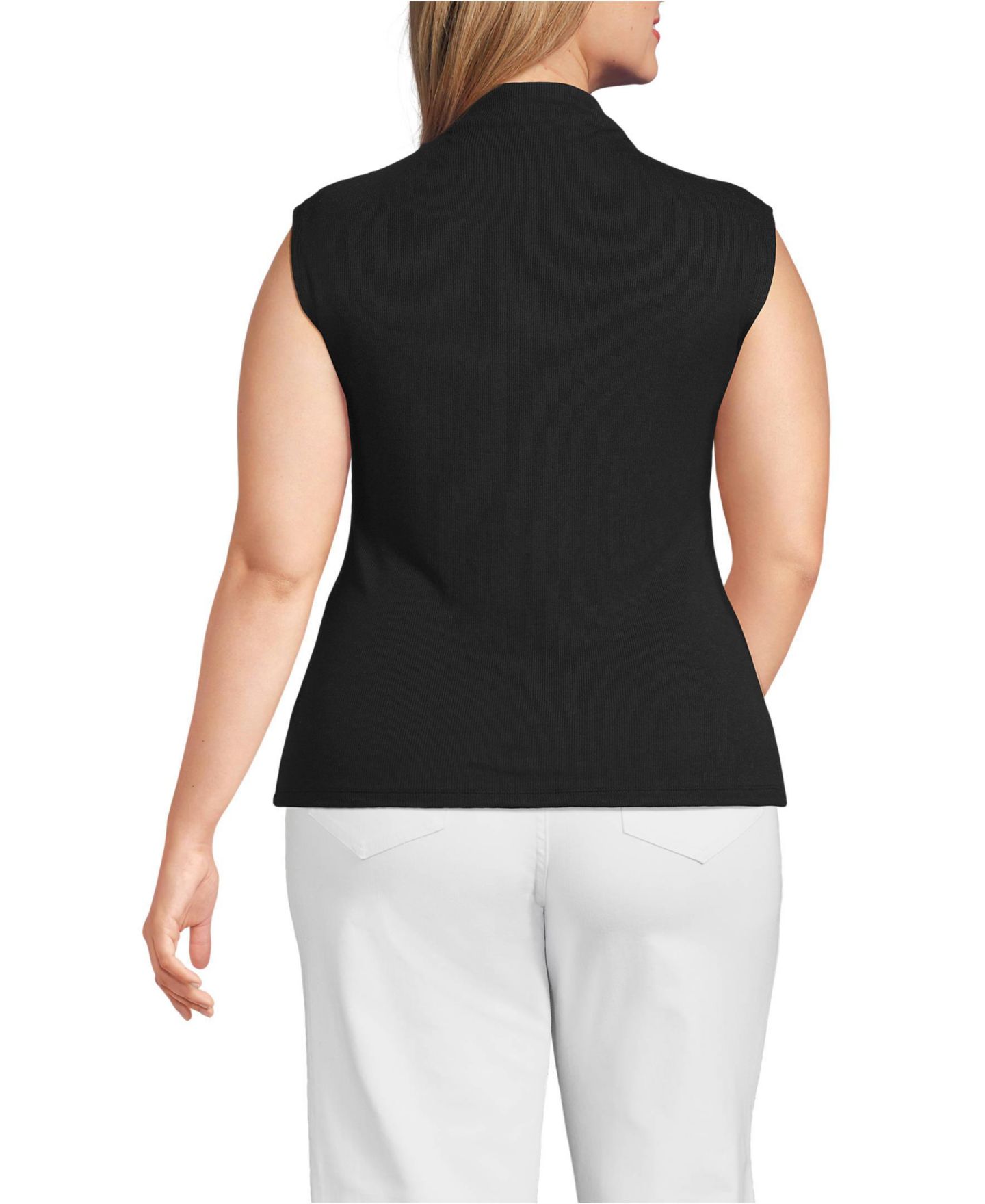 Женский топ Lands' End Plus Size Cap Sleeve Drapey Rib Fitted Funnel Neck, цвет: Чёрный — фото 2
