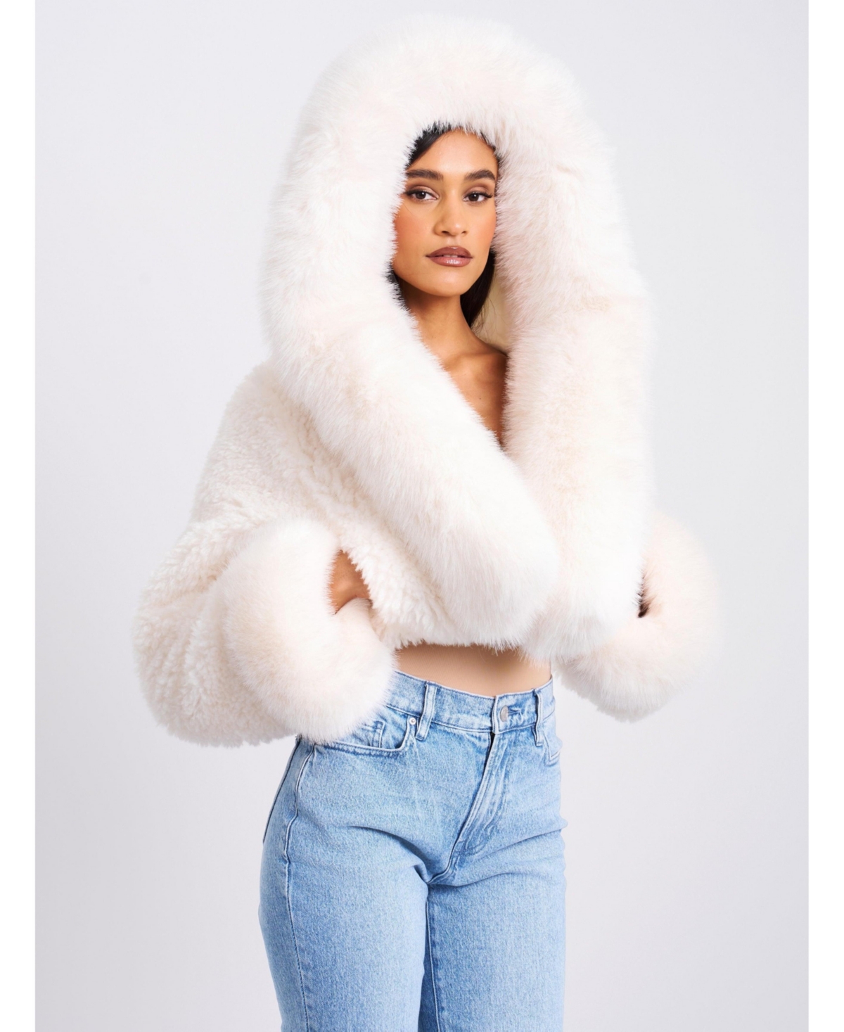 Women's Kali White Cropped Faux Fur Jacket With Hood - White