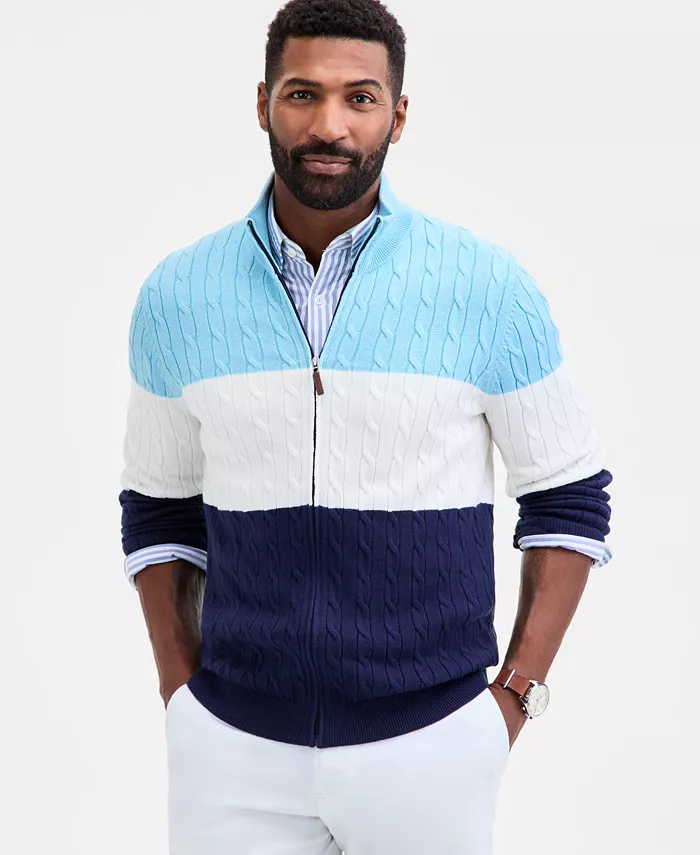Men's Colorblocked Cable-Knit Full-Zip Sweater