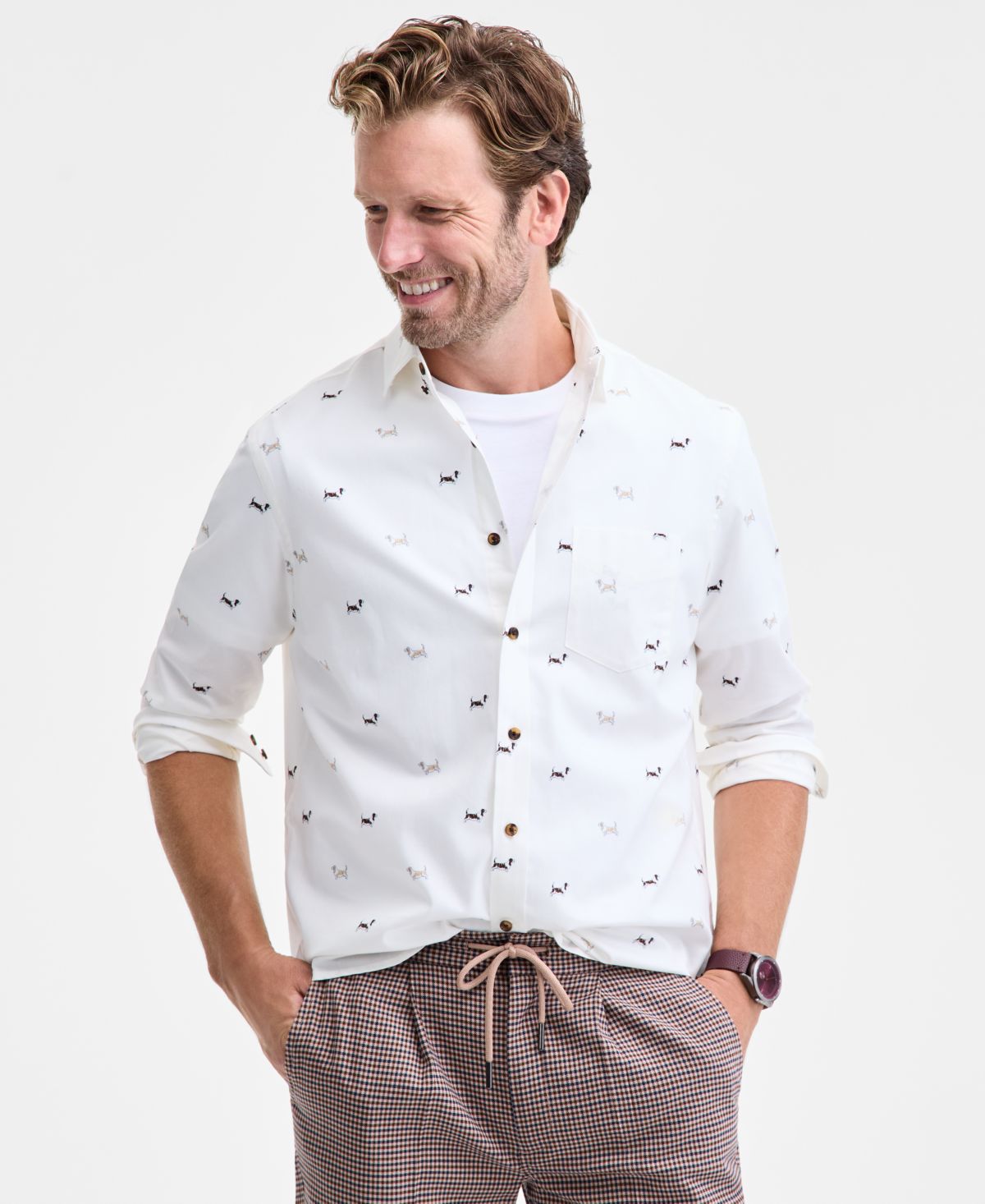 Мужская рубашка из матового хлопка на пуговицах с принтом бассет-хаунда, эксклюзивная модель Macy's