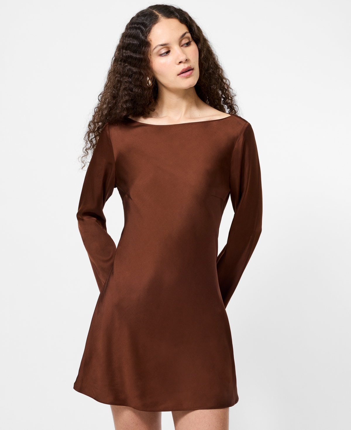 French Connection Ennis Satin Bell Sleeve Mini Dress In Brown