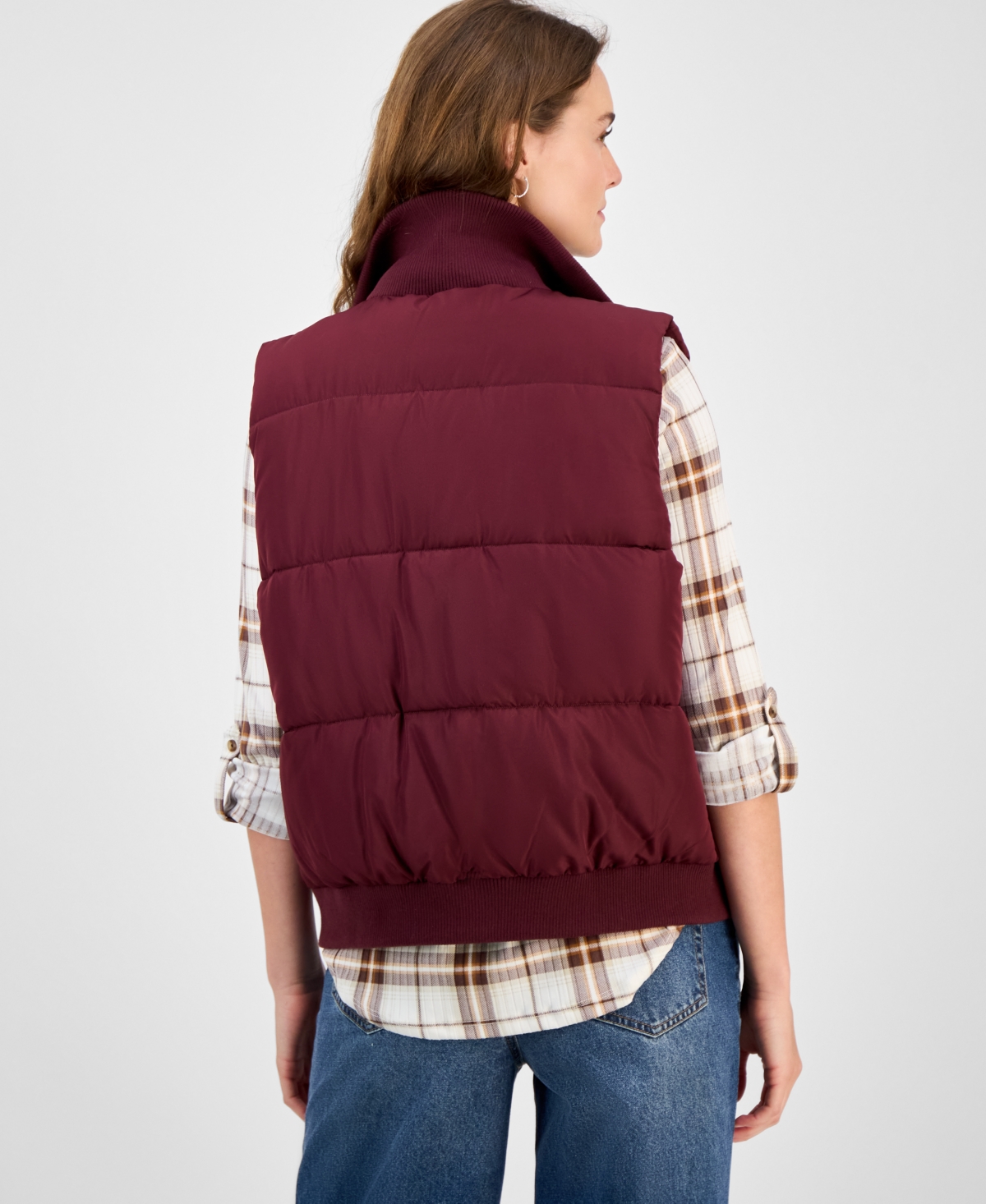 Madden Girl Women's Ribbed-trim Puffer Vest In Burgundy