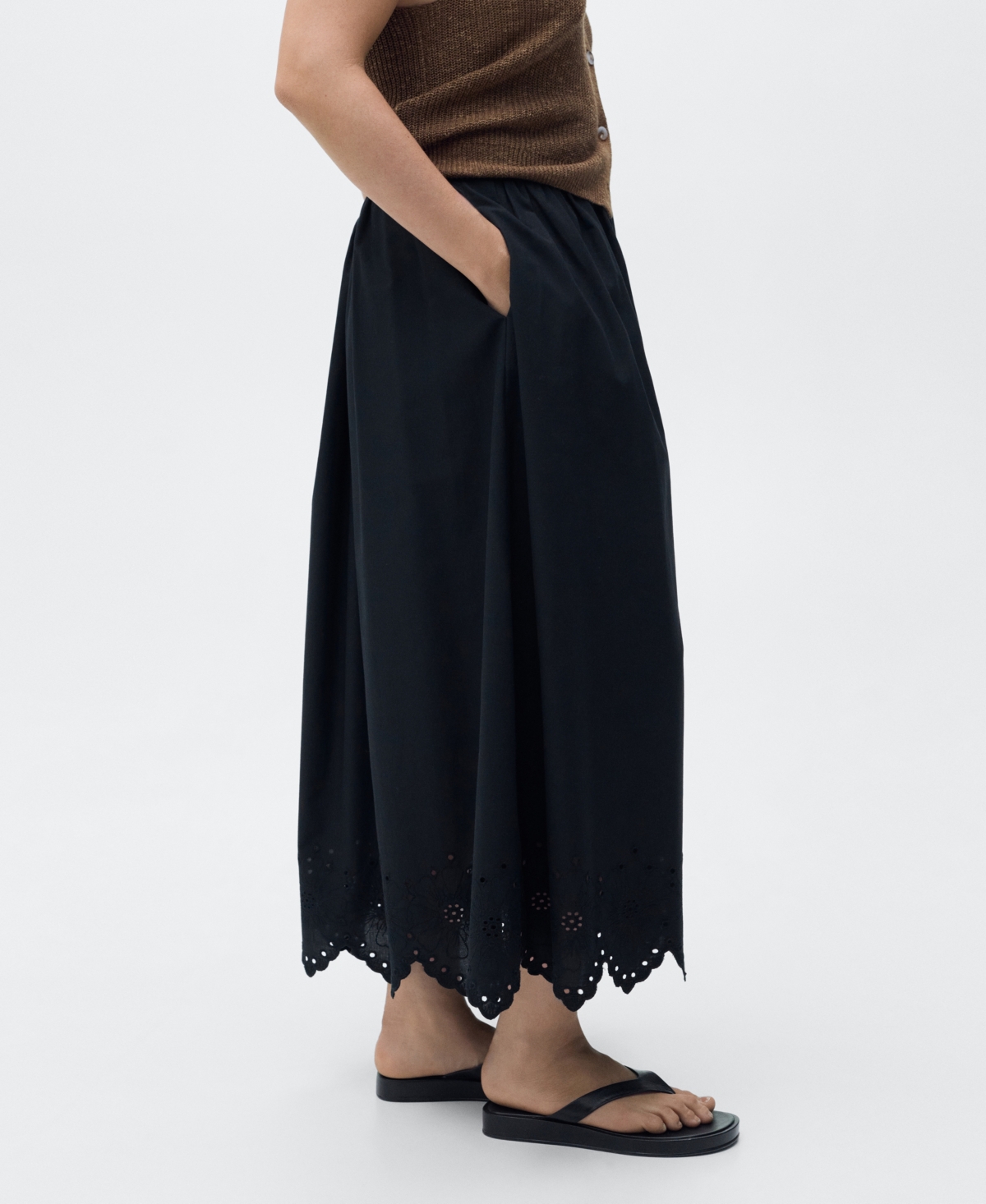 Mango Cotton Skirt With Embroidered Hem In Black