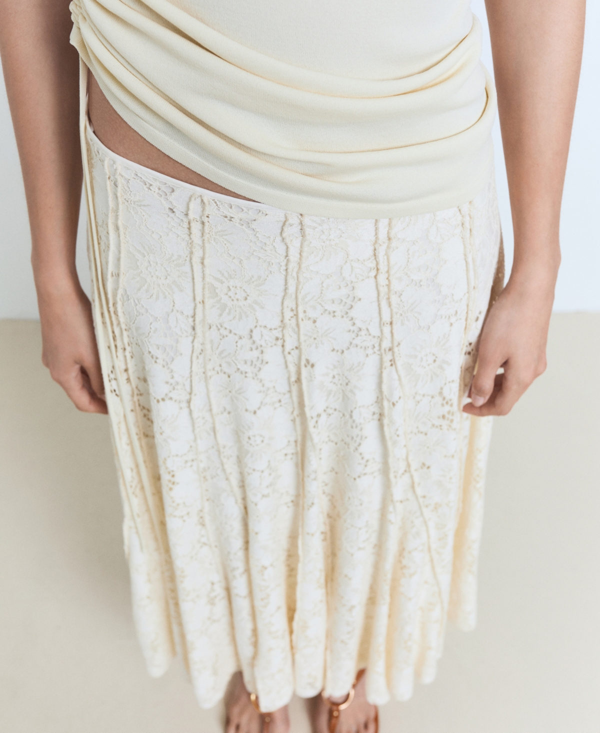 Mango Long Lace Skirt Ecru In Neutral