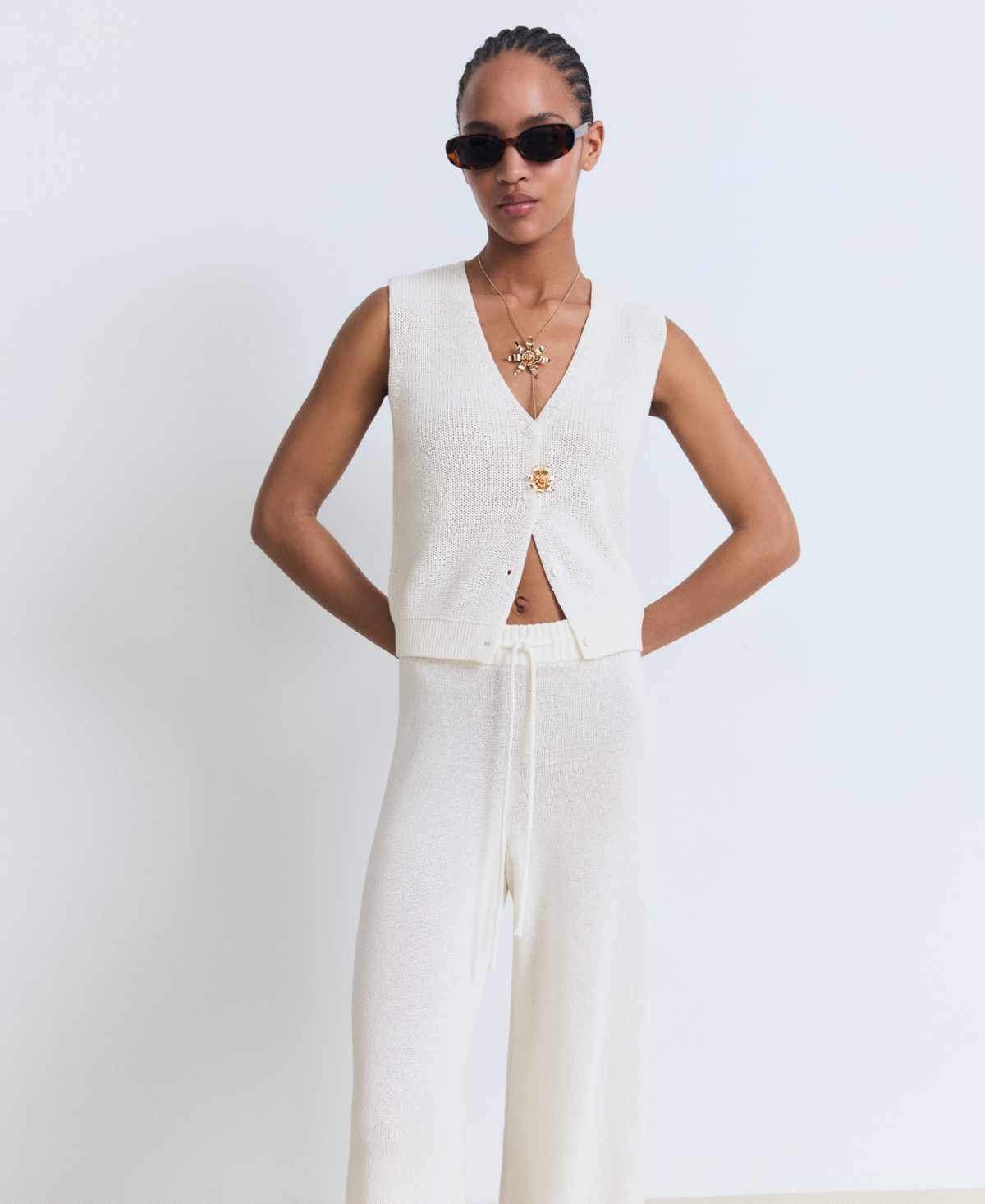 Mango Knit Drawstring Pants In White