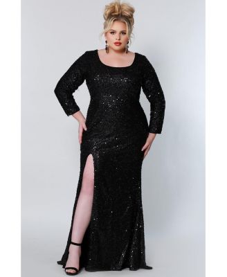 Women's Long Sleeve Fitted Scoop Neck Sequin Plus Size Gown