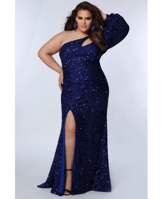 Women's One-Shoulder Pouf Sleeve Sequin Plus Size Evening Gown