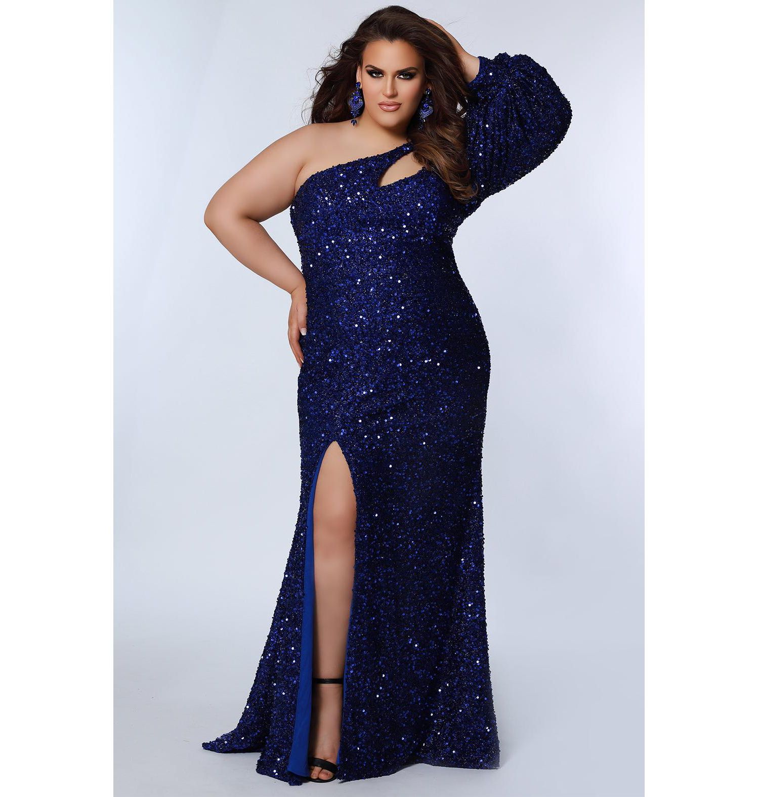 Women's One-Shoulder Pouf Sleeve Sequin Plus Size Evening Gown