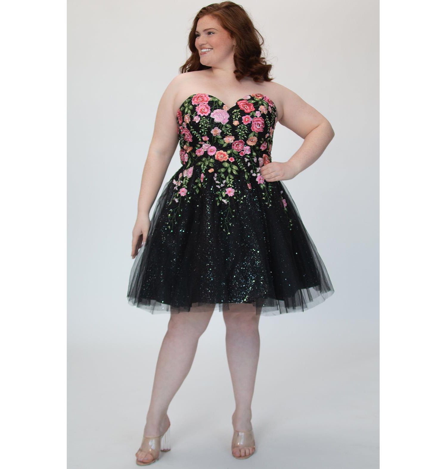 Plus Size Strapless Floral Embroidered Sparkle Tulle Short Party Dress