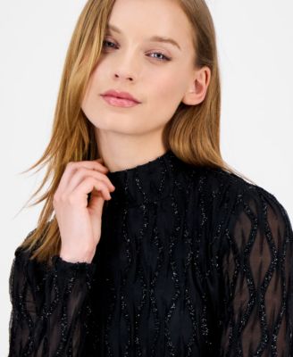 Women's Glitter Long-Sleeve Mock-Neck Top