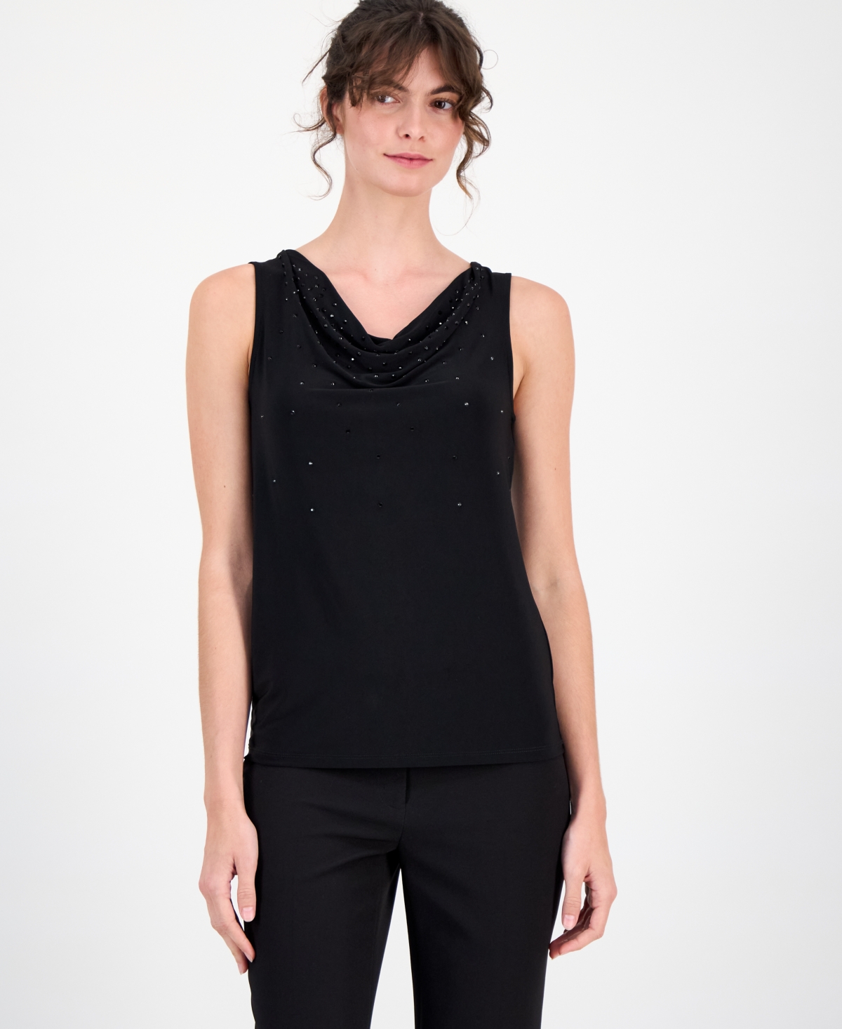 Anne Klein Women's Embellished Cowl-neck Tank In Black
