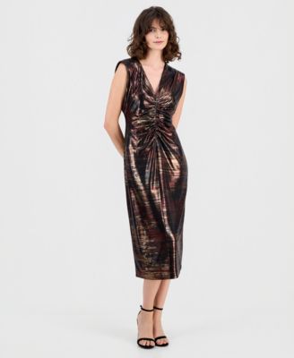 Anne Klein - Women's Printed Metallic Sleeveless Midi Dress