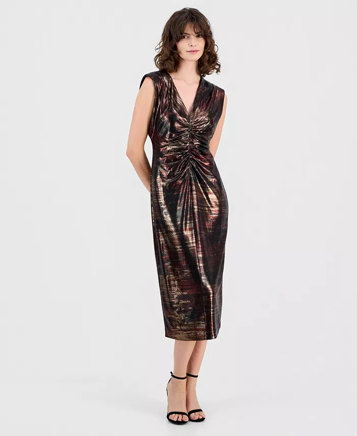 Women's Printed Metallic Sleeveless Midi Dress
