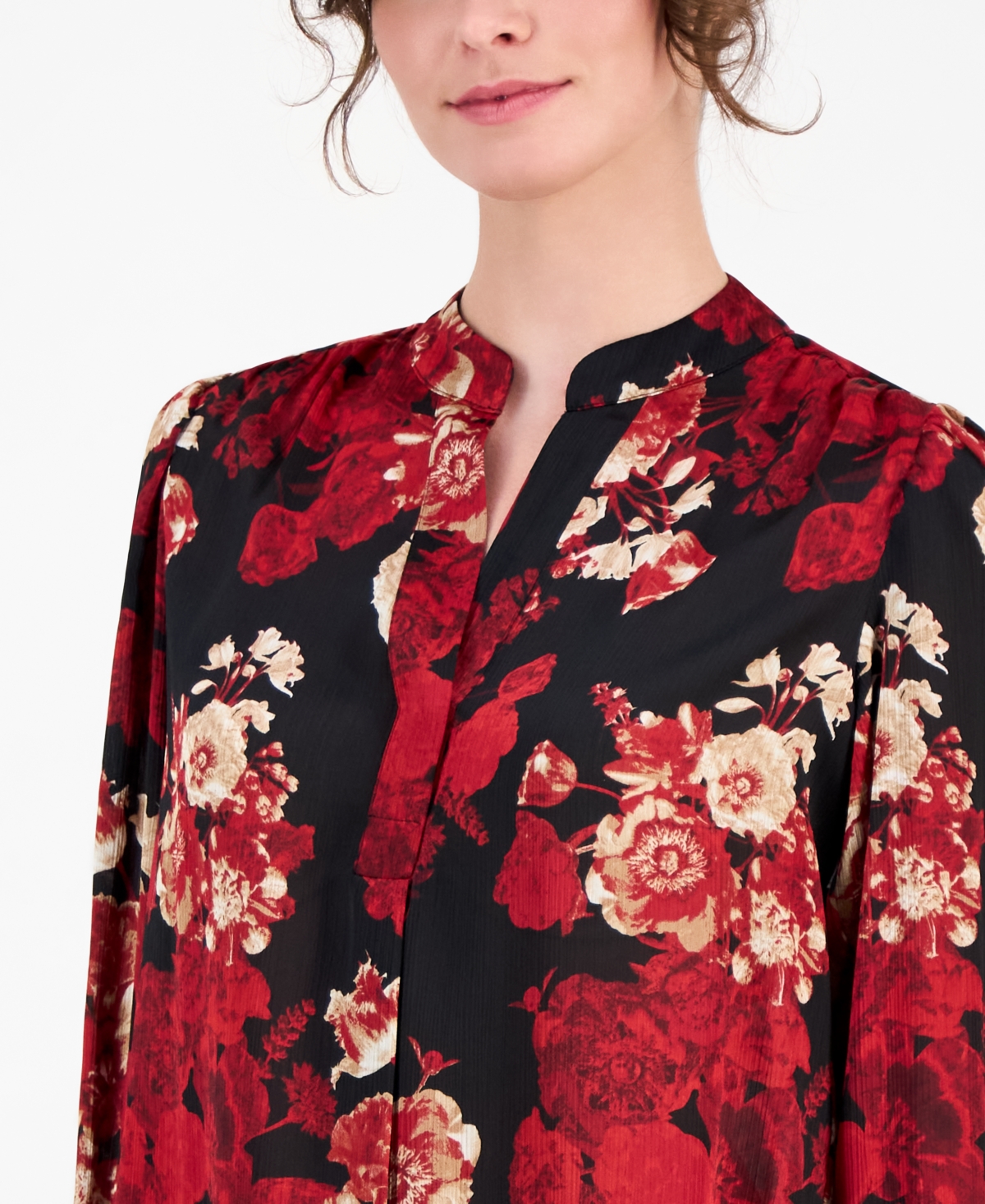 Anne Klein Women's Floral-Print Split-Neck Blouse