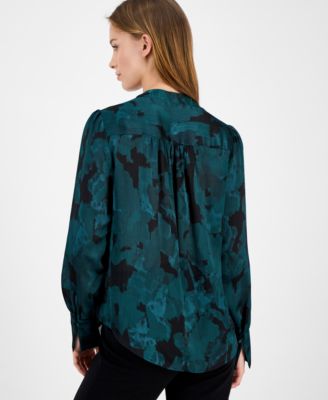 Women's Floral Satin Pleat-Front Blouse