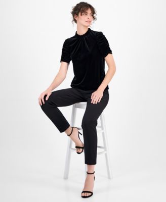 Women's Velour Ruffle-Neck Short-Sleeve Top