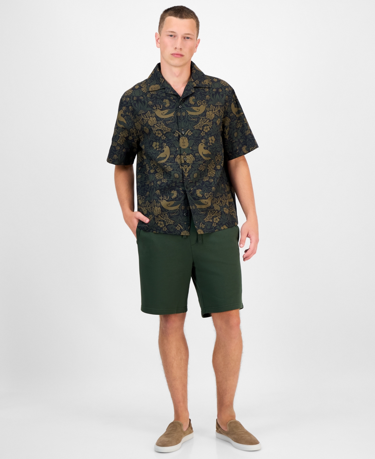 Hugo Boss Men's Espino Oversized Short Sleeve Bird Print Button-front Camp Shirt In Green