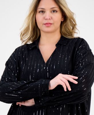 Plus Size Sequin Pinstripe Drop-Shoulder Tunic Shirt