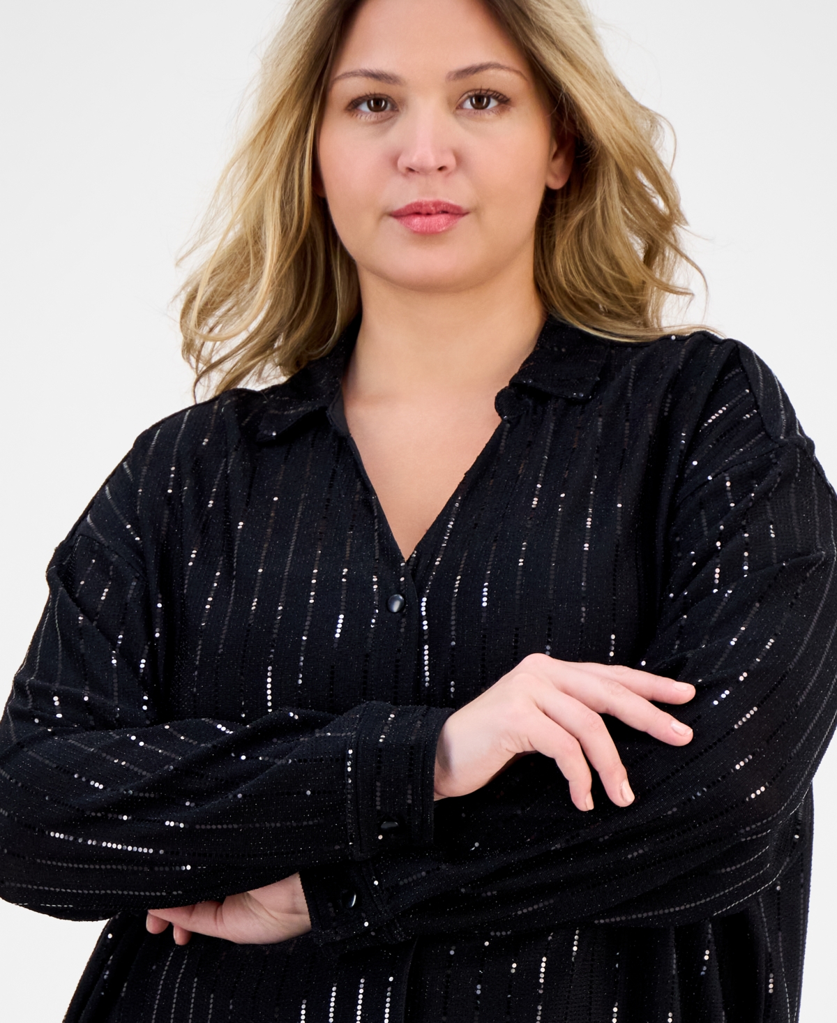Anne Klein Plus Size Sequin Pinstripe Drop-shoulder Tunic Shirt In Black