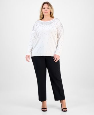 Plus Size Rhinestone Boat-Neck Long-Sleeve Sweater