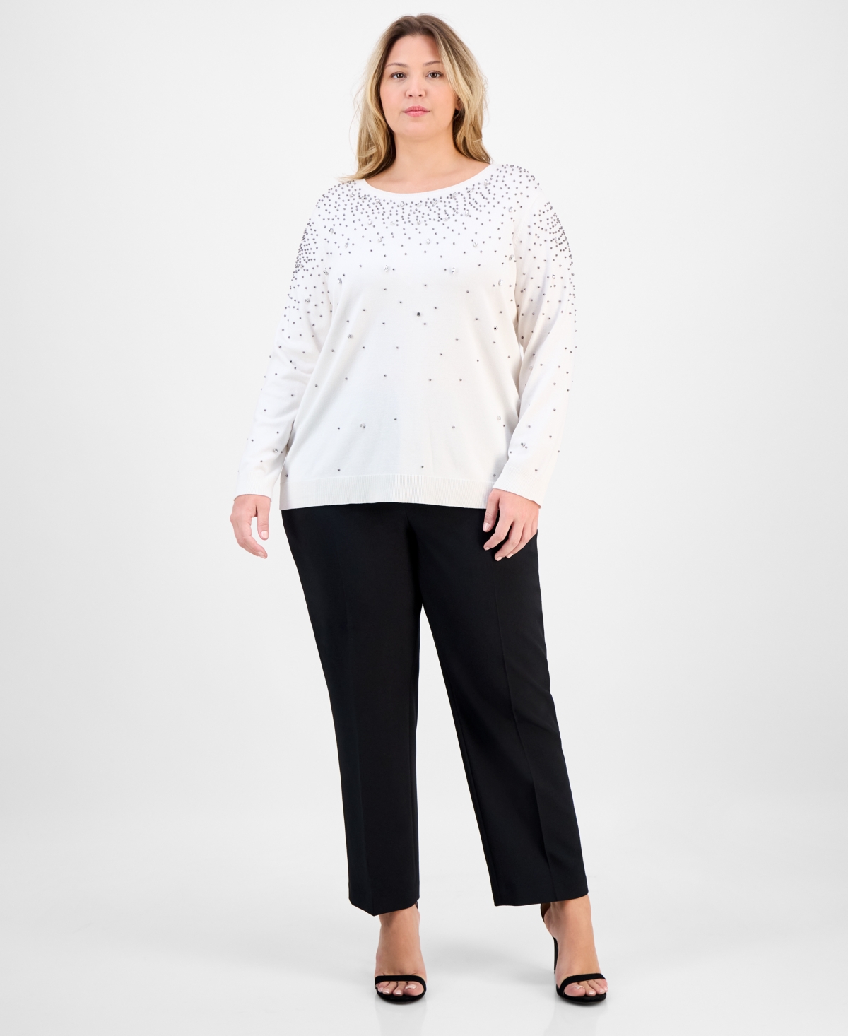 Anne Klein Plus Size Rhinestone Boat-neck Long-sleeve Sweater In Animal Print