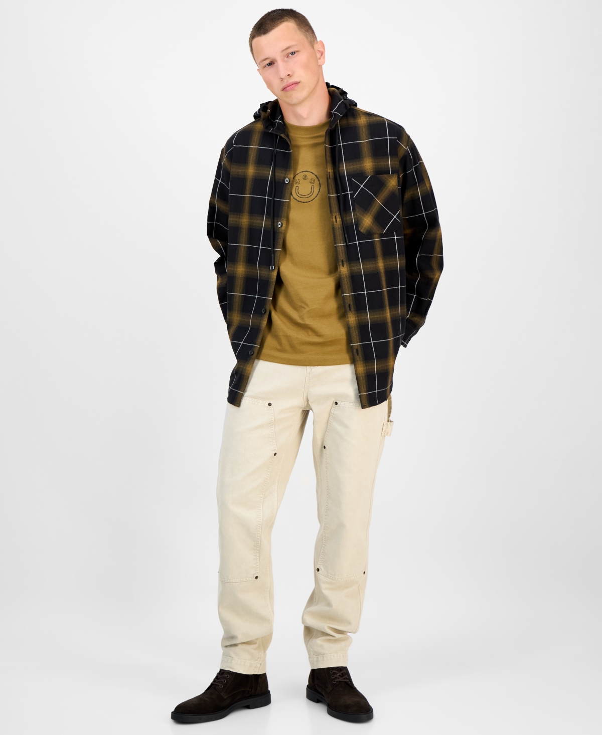 Hugo Boss Hooded Oversize-fit Overshirt In Checked Cotton In Black