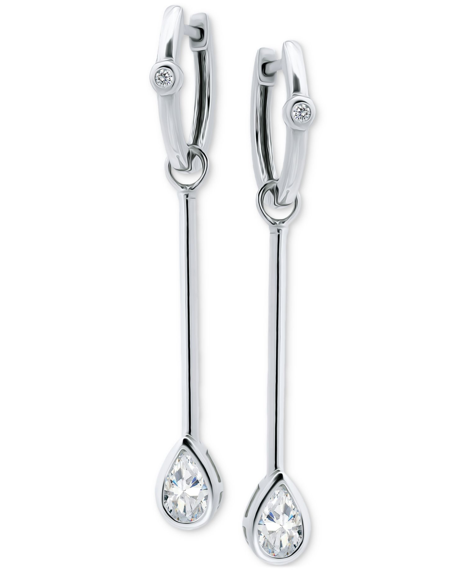 Cubic Zirconia Pear Bezel Dangle Hoop Earrings in Sterling Silver