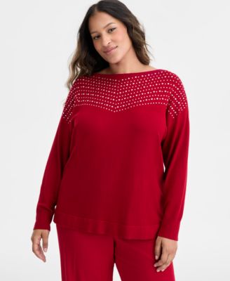 AK Anne Klein - Plus Size Embellished Boat-Neck Sweater