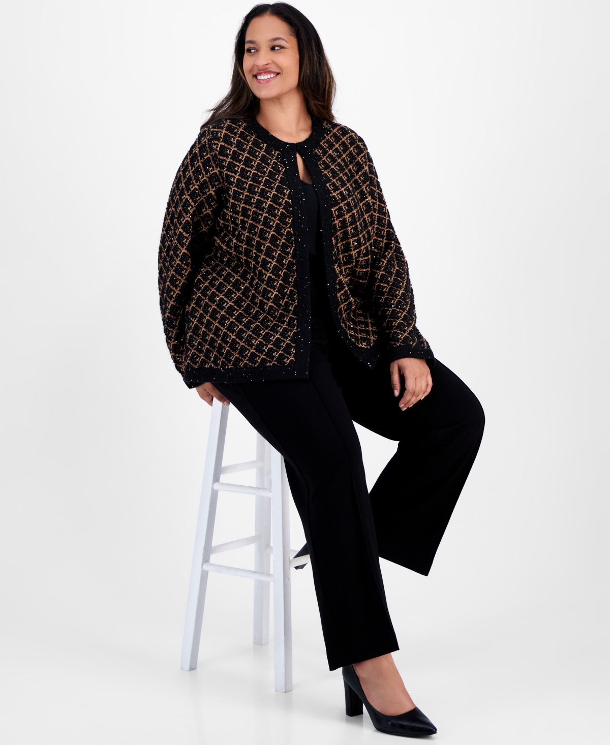 Anne Klein Plus Size Plaid-print Long-sleeve Sequin Cardigan In Animal Print